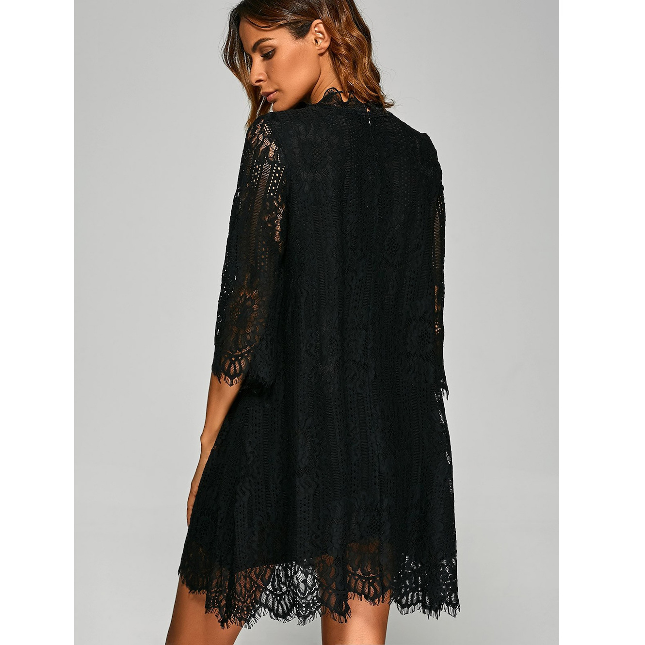 Elegant Sweet Style Women Loose Irregular Hem Plain Openwork Lace Mini Dress